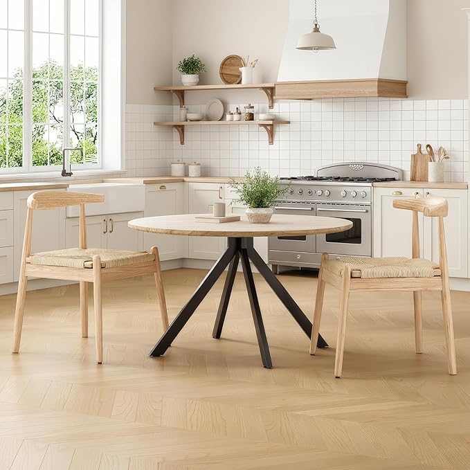 Farini Mid Century Modern Dining Chairs Set of 2, Solid Wood Frame Kitchen Chairs with Woven Upholstered Seat for Dining Room & Breakfast Nook,Natural-Beige