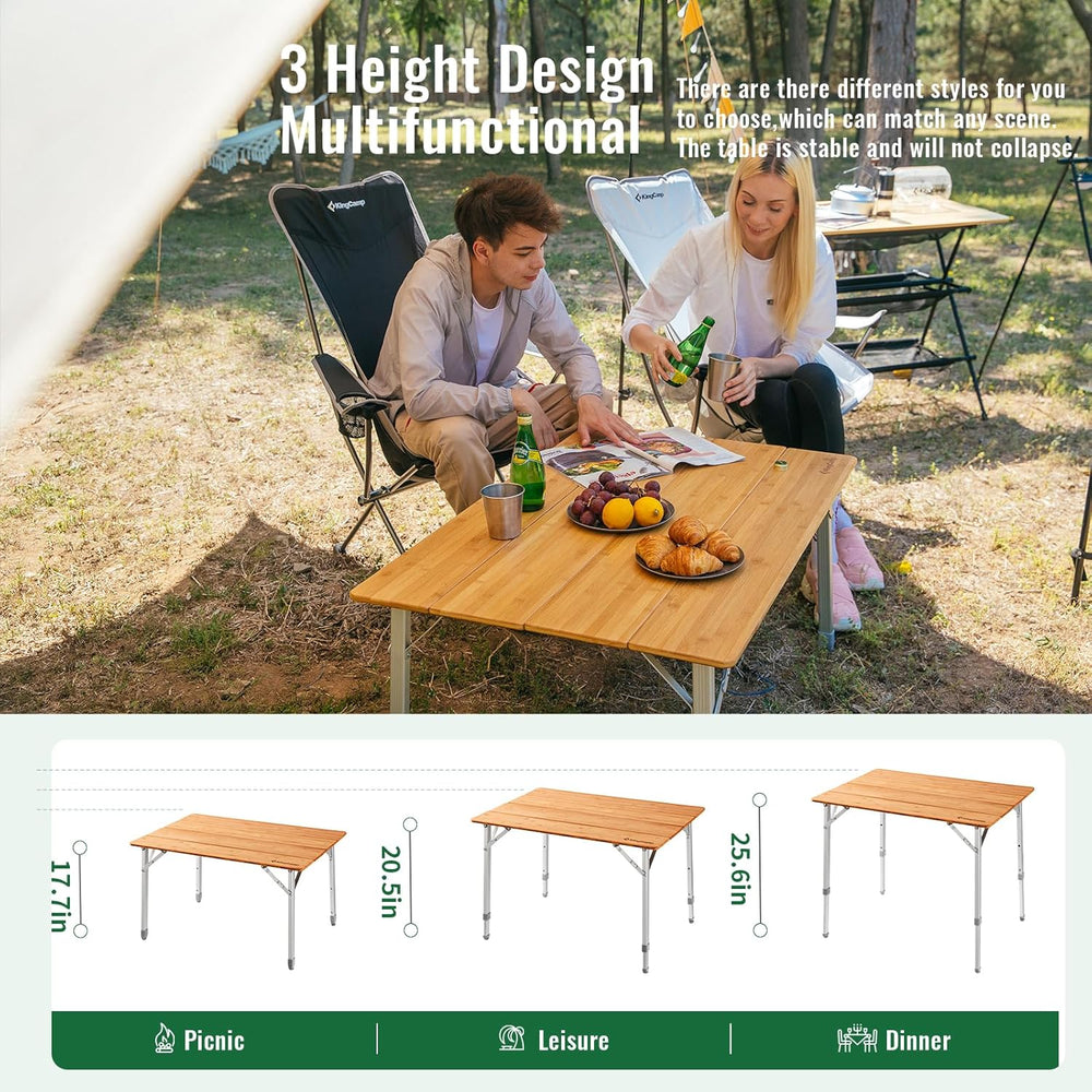 KingCamp Bamboo Folding Camping Table, 4-Fold Adjustable Outdoor Table | Port...