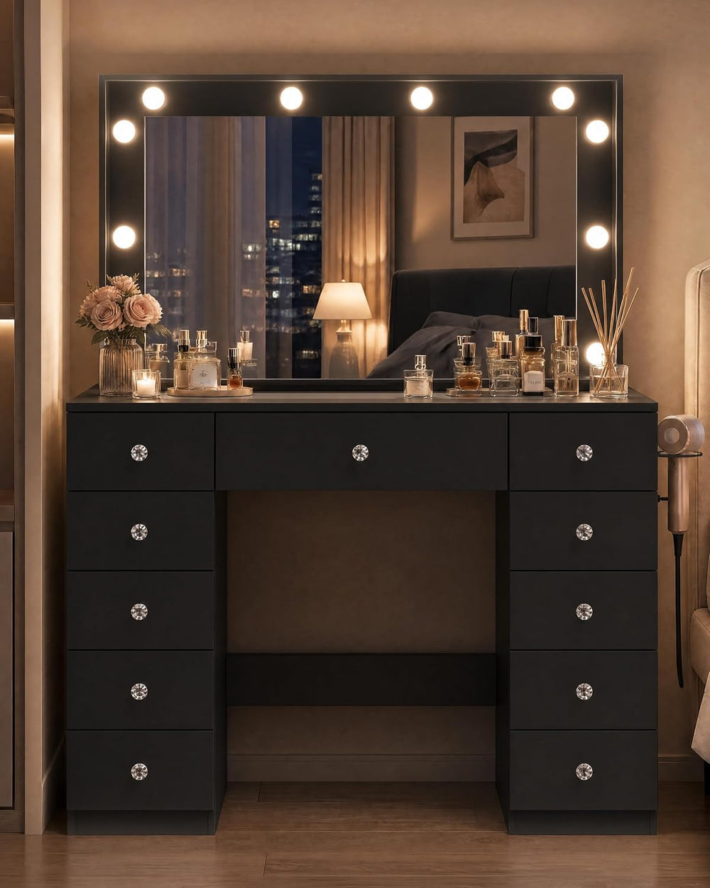 Otterease Black Makeup Vanity with Mirror and Lights,11 Drawers & Glass T...