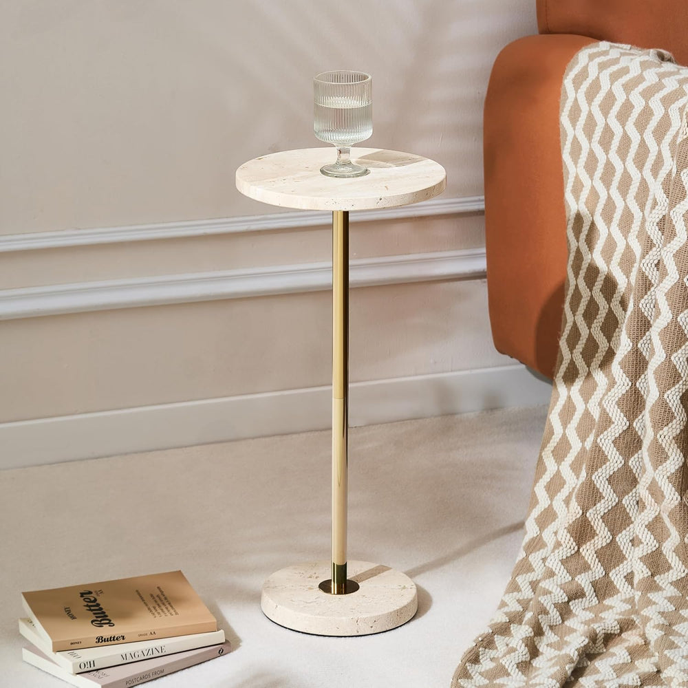 Premium Small Round Natural Marble Pedestal Side Table, End Table, Mini Drink...