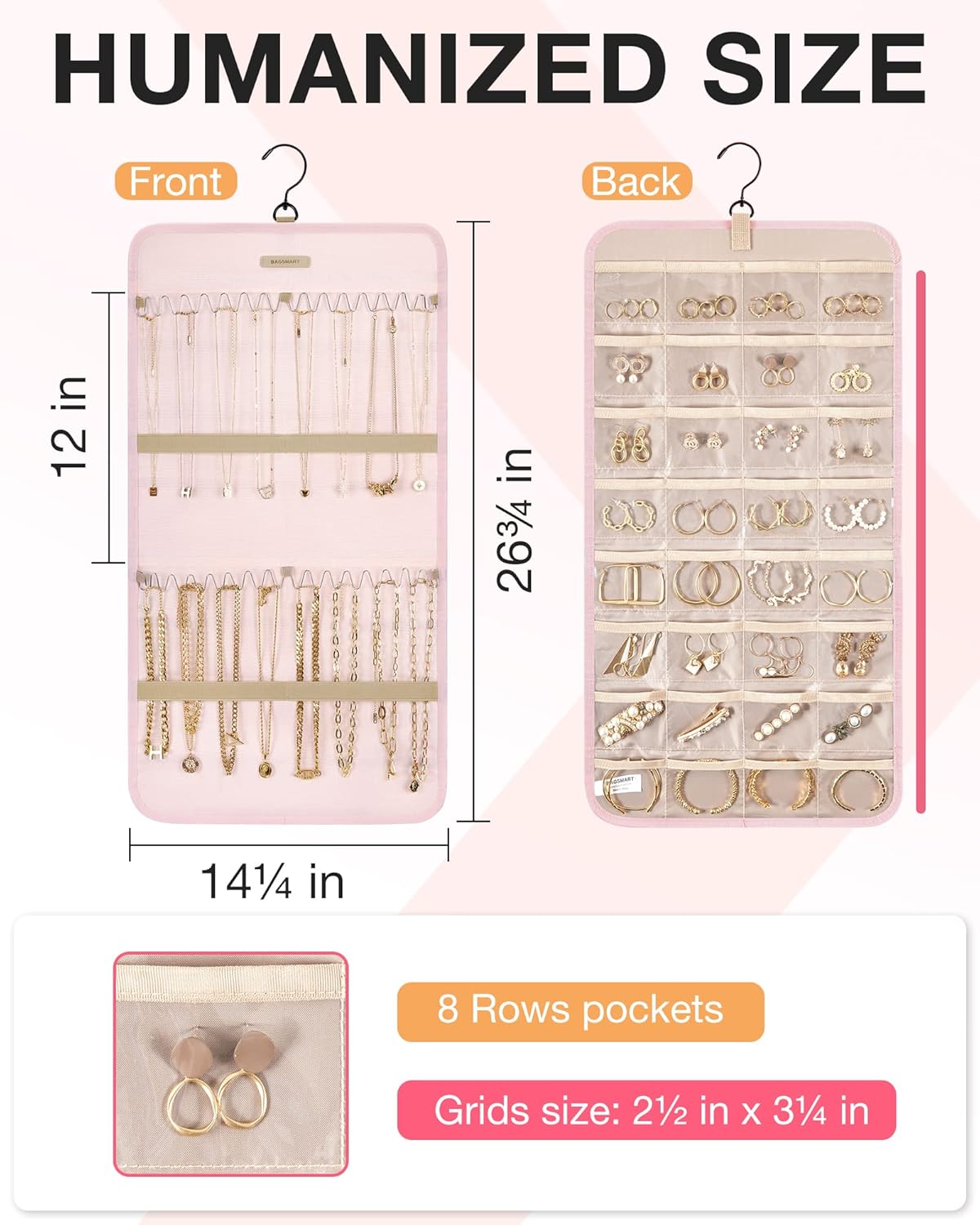 BAGSMART Hanging Jewelry Organizer Storage Roll with Hanger Metal Hooks Double-Sided Jewelry Holder for Earrings, Necklaces, Rings on Closet, Wall, Door, 1 piece, Medium, Pink