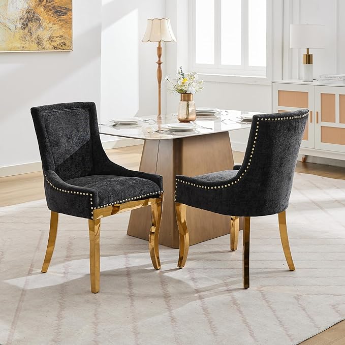 Upholstered Dining Chairs Set of 2, Modern Fabric Side Chairs with Gold Stainless Steel Legs, Accent Kitchen Chairs for Dining Room Table, Black