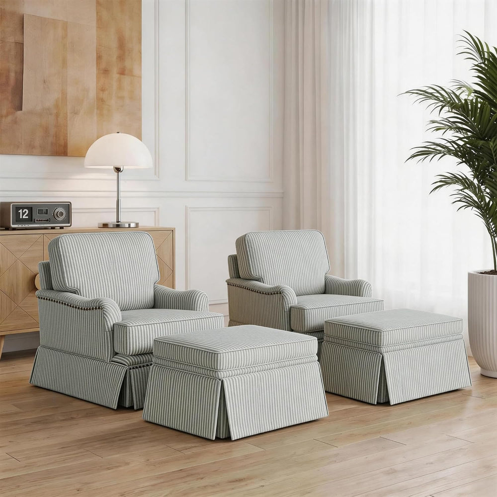 Swivel Accent Chairs Set of 2 with Ottoman, Pinstripe Green