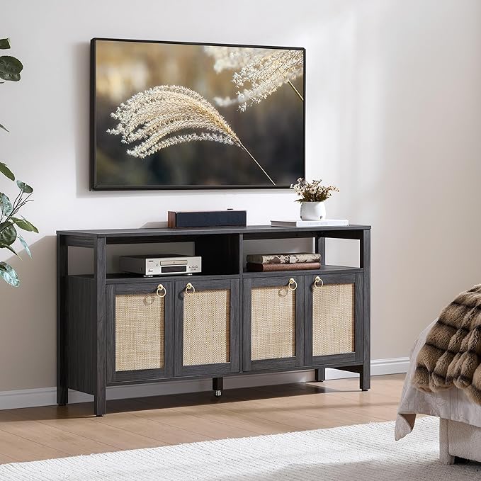 SICOTAS Rattan TV Stand for Television up to 120 Inch - Large Entertainment Center with Storage and Open Shelves, Boho Media TV Console Cabinet with Doors and Adjustable Shelf for Living Room