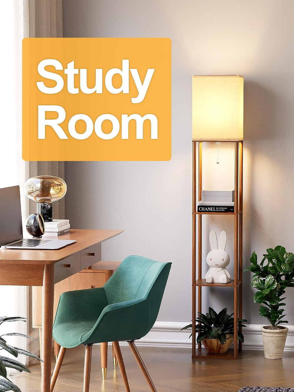 Floor Lamp with Shelves for Living Room Walnut Brown, Shelf Floor Lamp with 3...