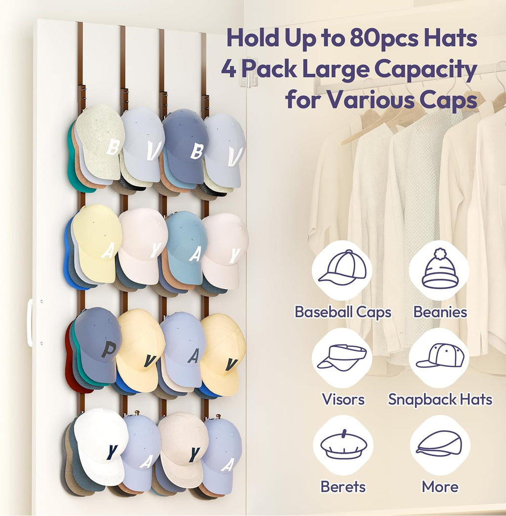 SWTYMIKI Over Door Hat Organizer - 4 Packs Metal Hanging Hat Rack with 16 Hooks Design, Baseball Cap Hanger Organizer Storage Holds up to 80 Caps for Door, Bedroom, Closet