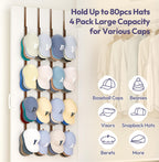 SWTYMIKI Over Door Hat Organizer - 4 Packs Metal Hanging Hat Rack with 16 Hooks Design, Baseball Cap Hanger Organizer Storage Holds up to 80 Caps for Door, Bedroom, Closet