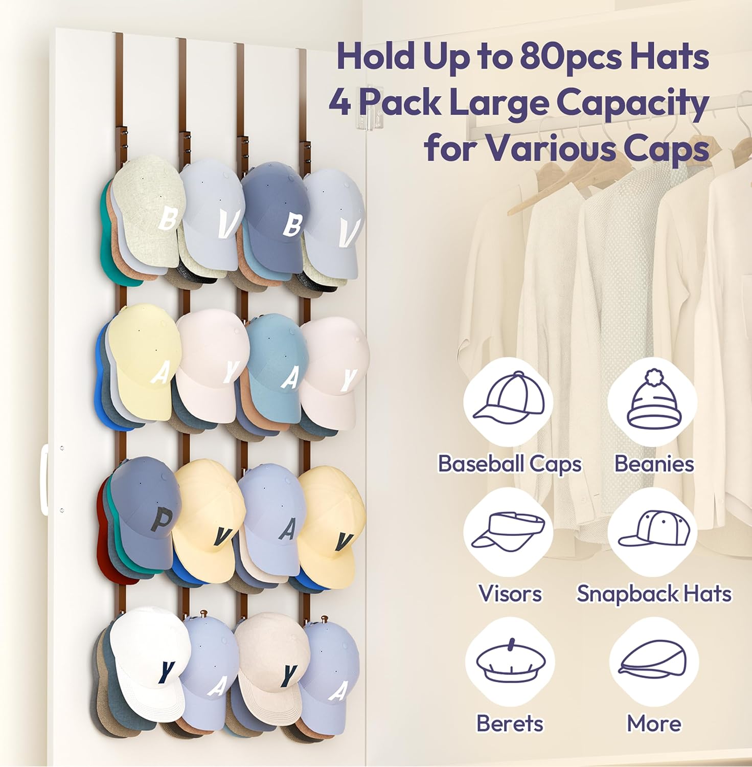 SWTYMIKI Over Door Hat Organizer - 4 Packs Metal Hanging Hat Rack with 16 Hooks Design, Baseball Cap Hanger Organizer Storage Holds up to 80 Caps for Door, Bedroom, Closet
