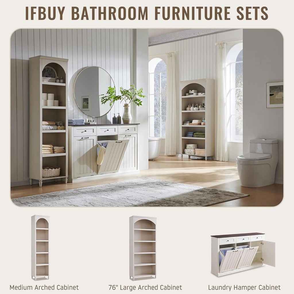 Triple Tilt Out Laundry Hamper Cabinet, 20 Gallon Farmhouse Trash Can Cabinet w/Drawer & Adjustable Shelf, Hidden Garbage Can Bin Cabinets w/Laundry Basket for Bathroom, Kitchen (Antique White)