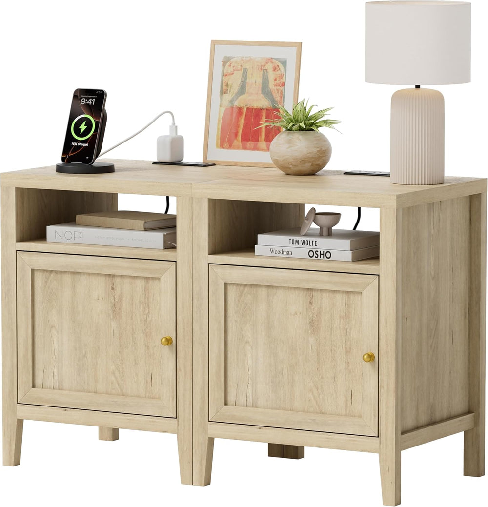 EYYTHUNG Farmhouse End Table with Charging Station Set of 2, Modern Nightstan...