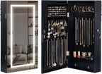 LAVIEVERT Jewelry Armoire with LED Lighted Mirror, Wall/Door Mounted Frameless Mirror with 3 Color Lights, Lockable Jewelry Cabinet Hanging Jewelry Organizer with 2 Drawers - Black