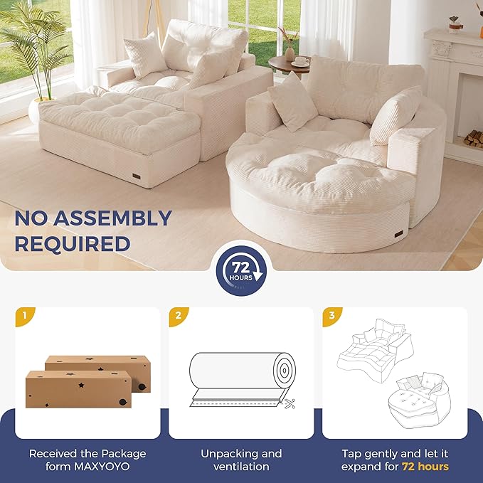 MAXYOYO Modular Sectional Chaise Lounge Sofa, 2 Sets Upholstered Lounge Chair with Ottoman, Comfy Round+ Square Couch with Layered Cushion, Tufted Sleeper Chair for Living Room, No Assembly, Beige