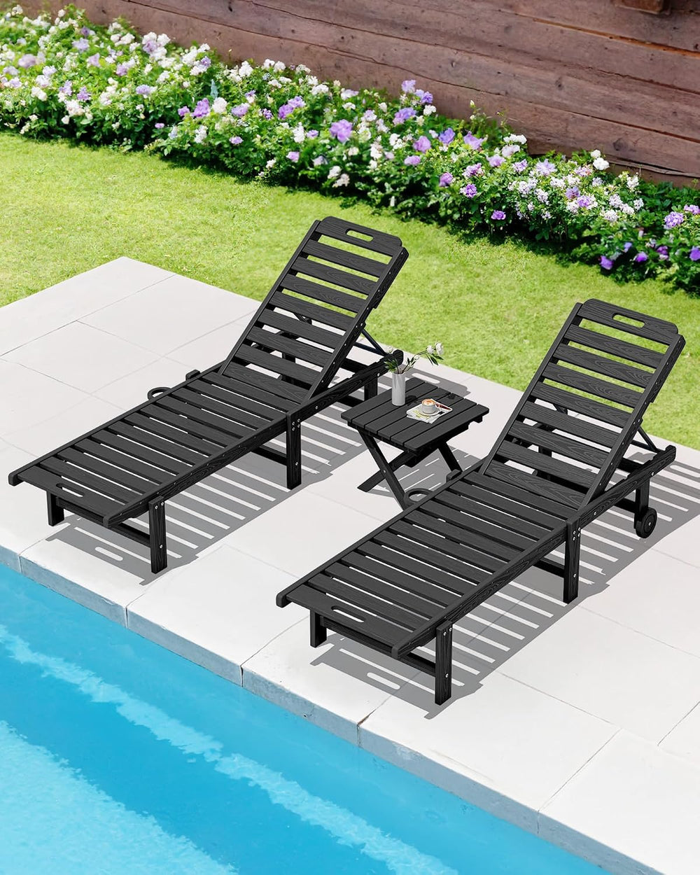 SERWALL Small Folding Side Table, HDPE Outdoor End Table, Black