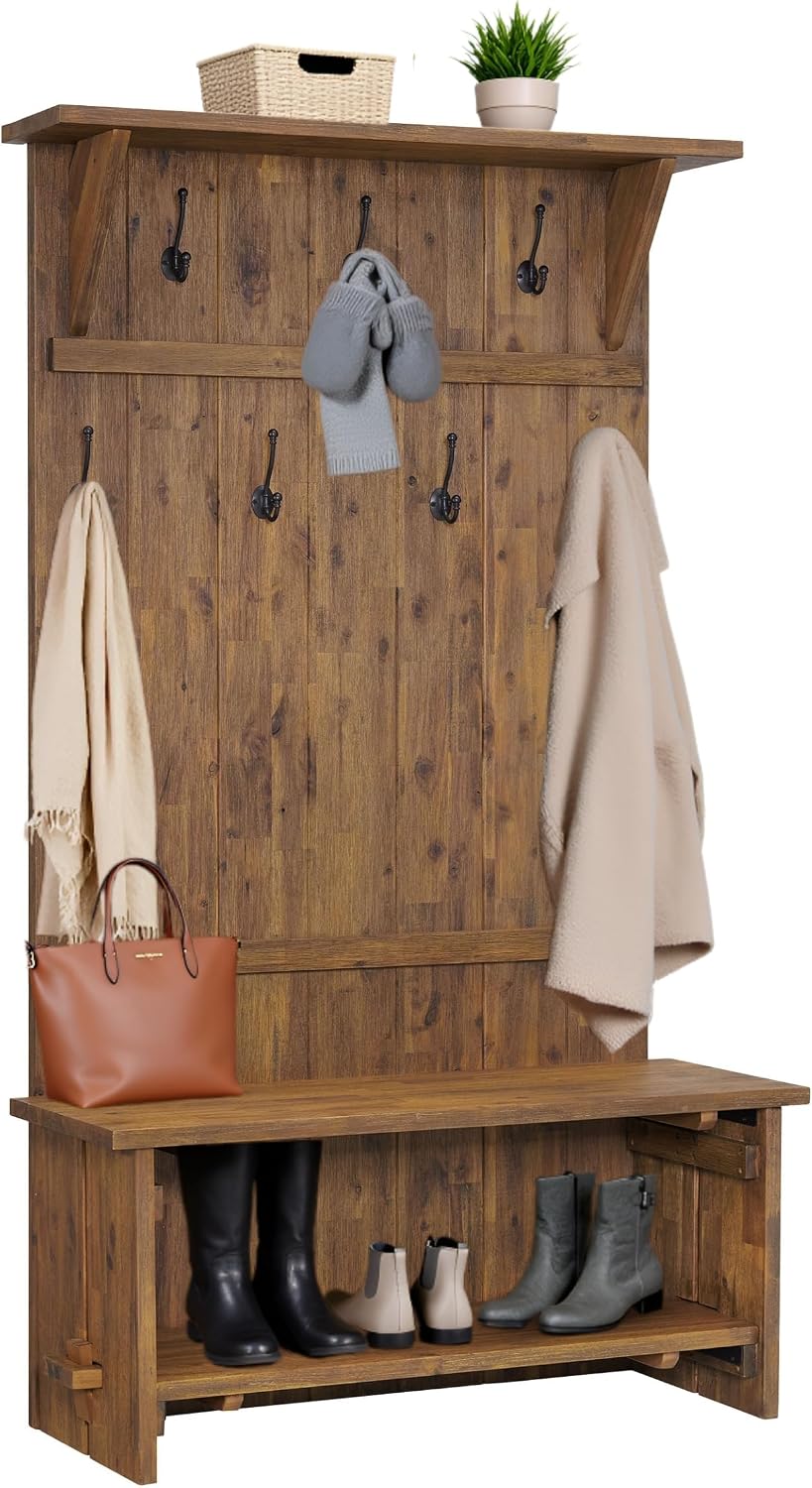 Alaterre Bethel Rustic Solid Wood Entryway Hall Tree with Bench, Natural | 70” Modern Farmhouse Entryway Organizer with Shoe Storage Bench and Coat Hooks, Natural Aged Brown, for Jackets, Shoes & Bags