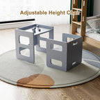 Fun Memories Montessori Weaning Table and Chair Set for Toddler and Baby, Kids Table and Chair Set- Solid Wood Toddler Furniture with Adjustable Height, Step Stool, for 1-3 Year Old Kids - Grey