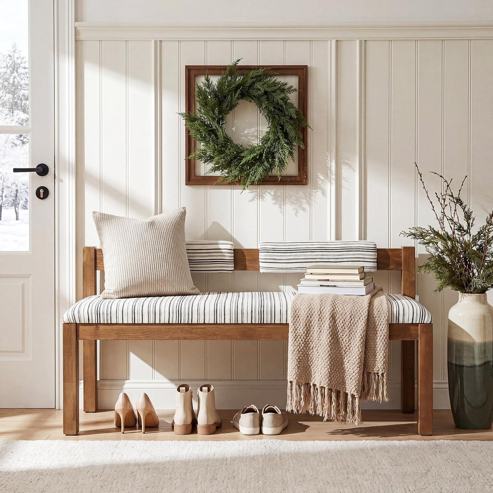 Wood Dining Bench, 55" Upholstered Kitchen Bench with Backrest | Farmhou...