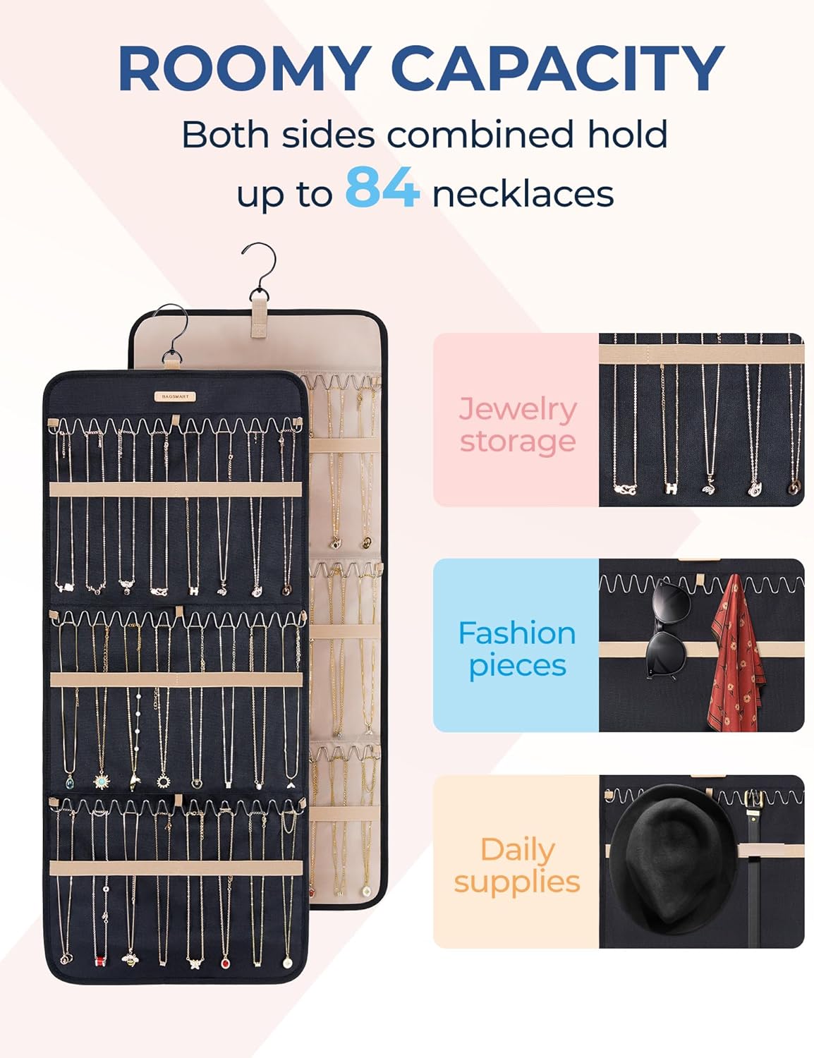 BAGSMART Hanging Necklaces Organizer Jewelry Holder Storage Roll with Hanger Metal Hooks Double-Sided Jewelry Organizer for Necklaces, Bracelets on Closet, Wall, Door, 1 piece, Large Black