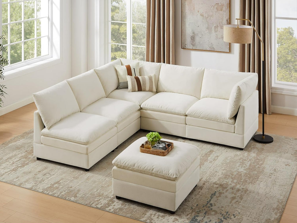 98" Cloud Modular Sectional Sofa Couches with Ottoman, Ivory White | Oversized Modern Sleeper Sofa with Deep Seat Double-Layer Thick Cushion, Convertible Upholstered Sofa Set for Living Room