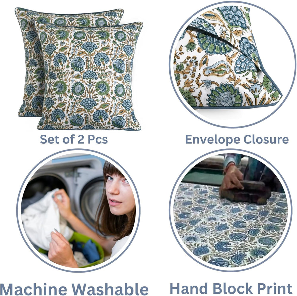 Ridhi Asparagus Green Block Print Cotton Pillow Cover 20x20 Inch Set of 2