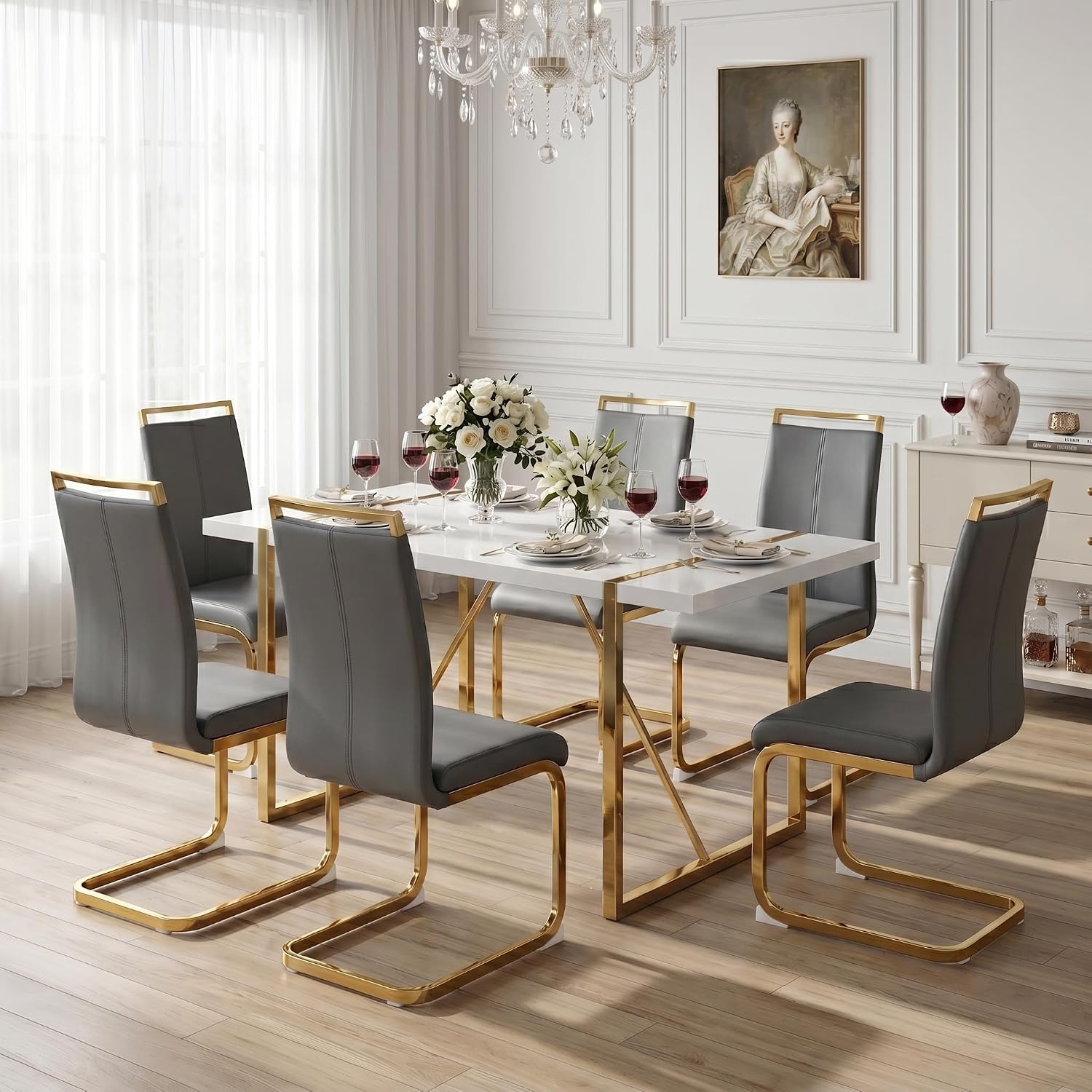 gopop Dining Table Set for 6, Kitchen Table Chairs Set of 6, 55" White High-Gloss Lacquered Tabletop & Electroplated Metal Frame, Modern Kitchen Tables with 6 Chairs for Dining Room