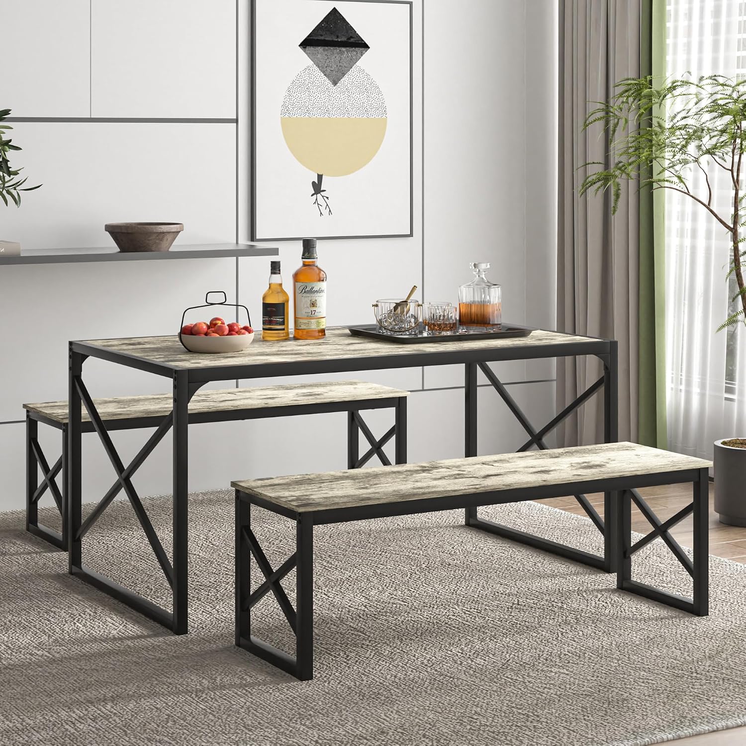 VECELO Kitchen Dining Table Benches Set for 4/6, 55" Wooden Dinette with 2 Benches, Large Embedded Desktop for Small Space, Breakfast Nook, Grey