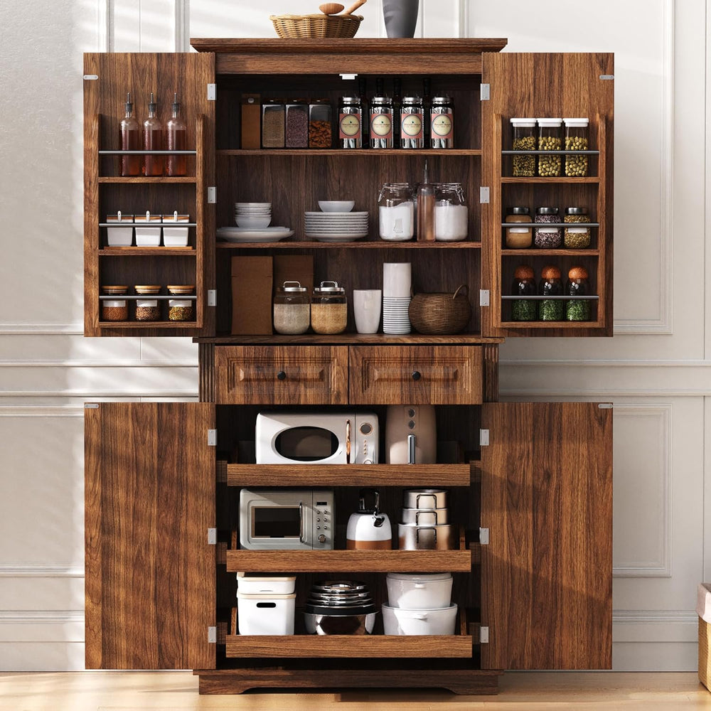 71" Tall Kitchen Pantry Cabinet with 3 Pull-Out Organizers, Farmhouse St...