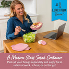 Bentgo Glass All-in-One Salad Container - Large 61-oz Salad Bowl with Lid, 4-Compartment Bento-Style Tray, 3-oz Sauce Container, and Reusable Fork - Dishwasher, Microwave, and Oven Safe (Rose)