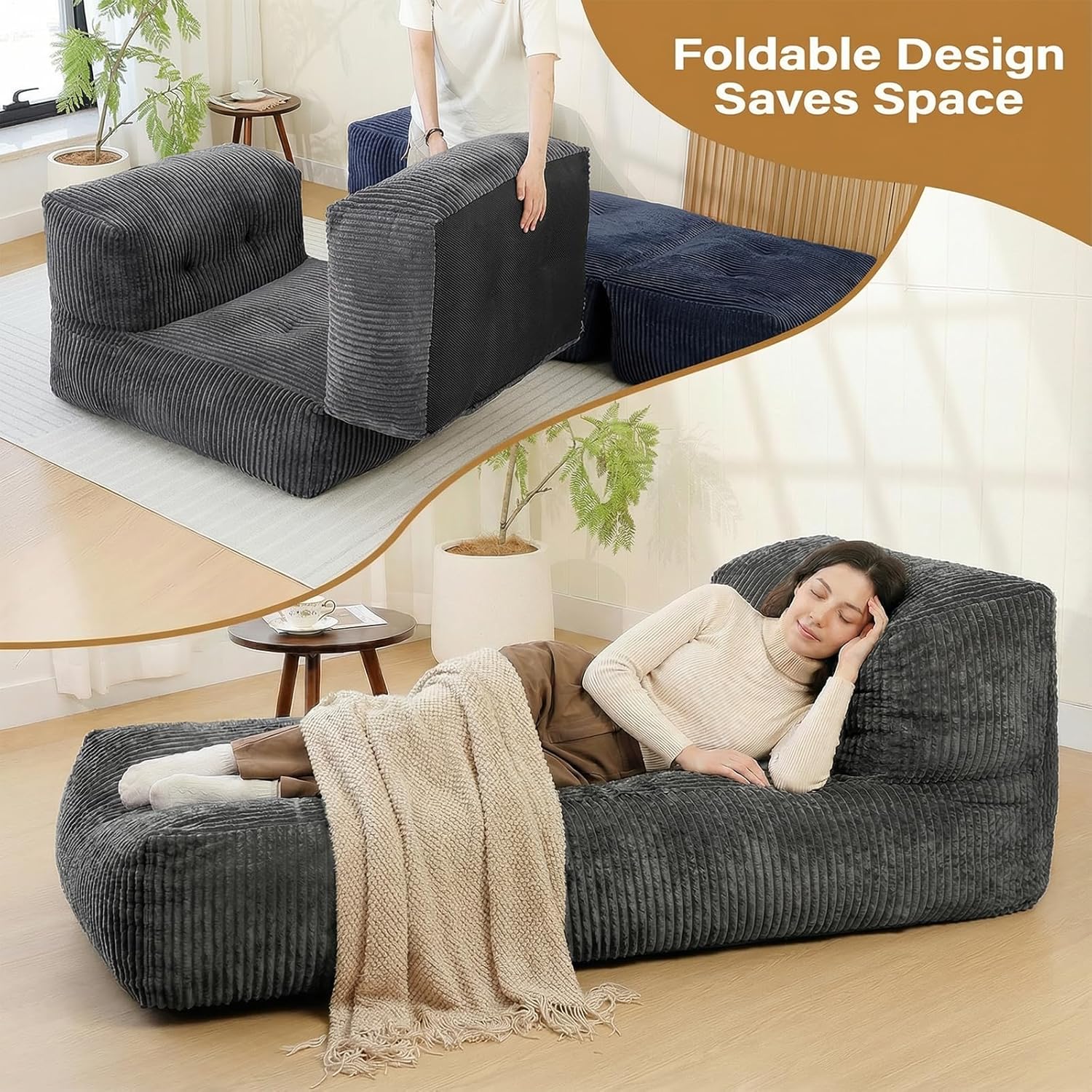 Big Bean Bag Chair for Adults, 66.9"x31.5" Lounger Large Bean Bag Sofa, Memory Foam Filled Beanbag Chair for Living Room, Bedroom, Balcony - Ergonomic Support & Premium Comfort (Darkgrey)