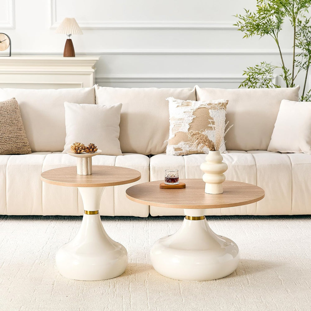 2-Piece Nesting Coffee Table Set, Light Wood Grain, Gold Metal Base | Nesting...