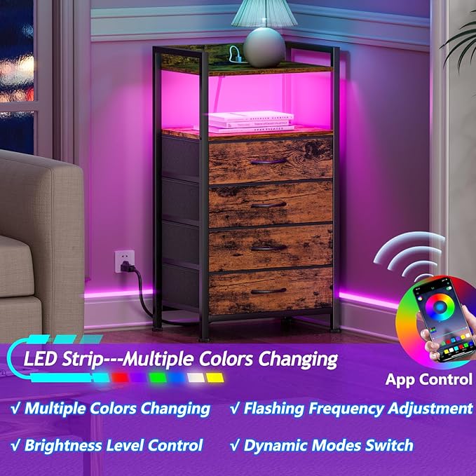 Furnulem Night Stand with Charging Station and Led Light, 4 Drawer Dresser fo...