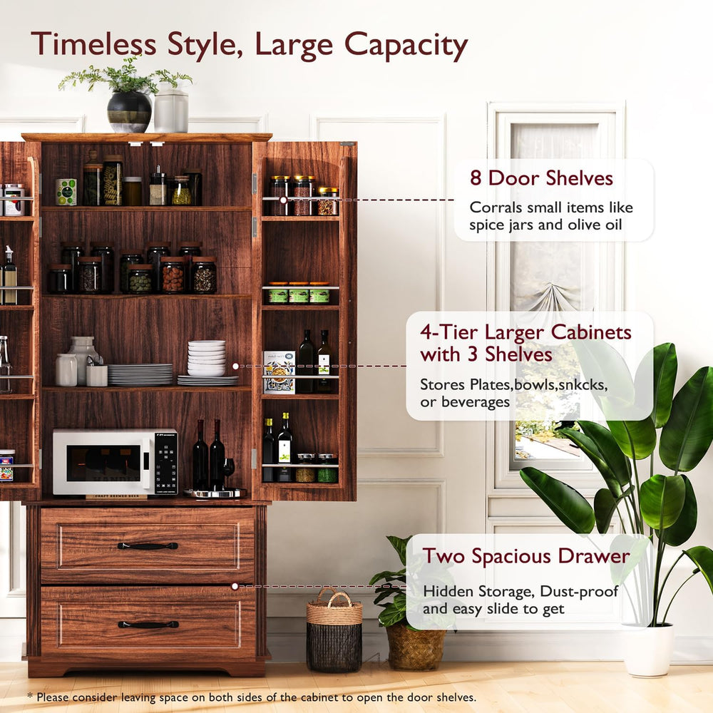 71" Farmhouse Kitchen Pantry Cabinet with 2 Large Drawers,Wood Freestand...