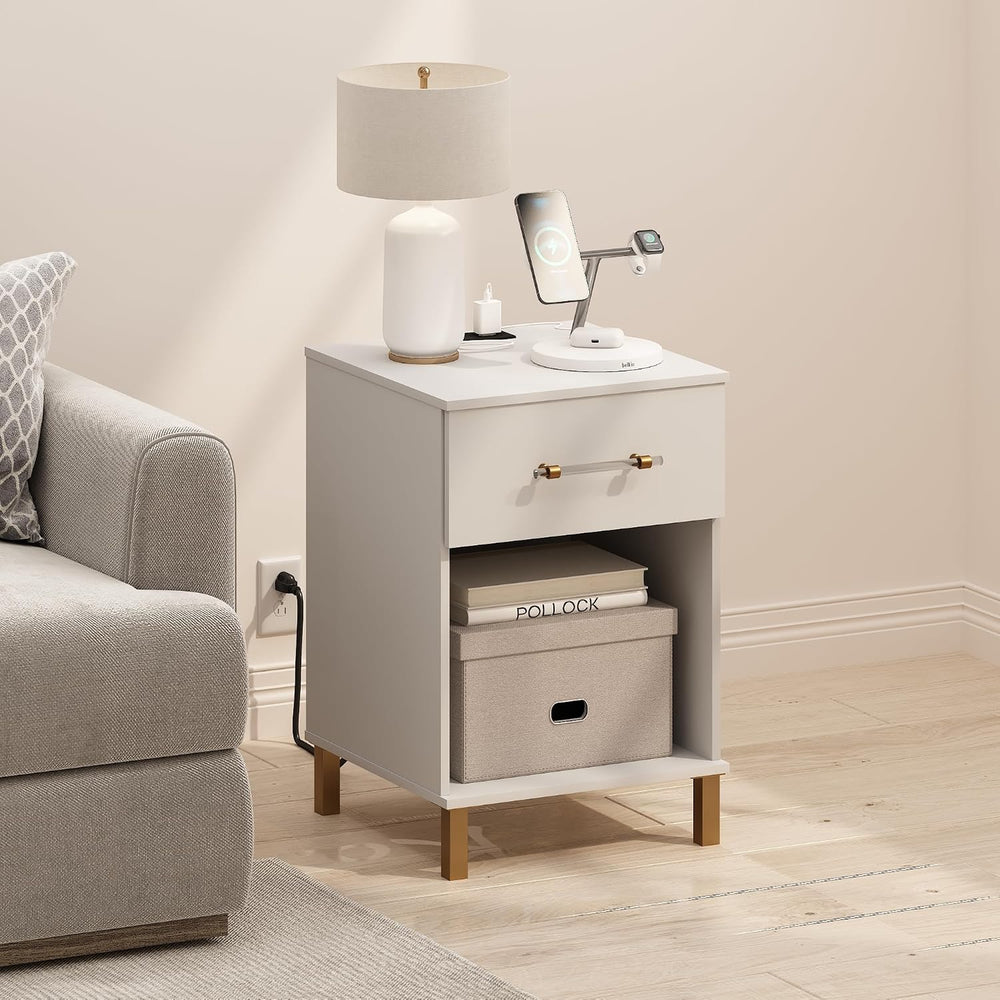 Furinno Tidur Side Table with Charging Station, End Table, Night Stand, Bedsi...