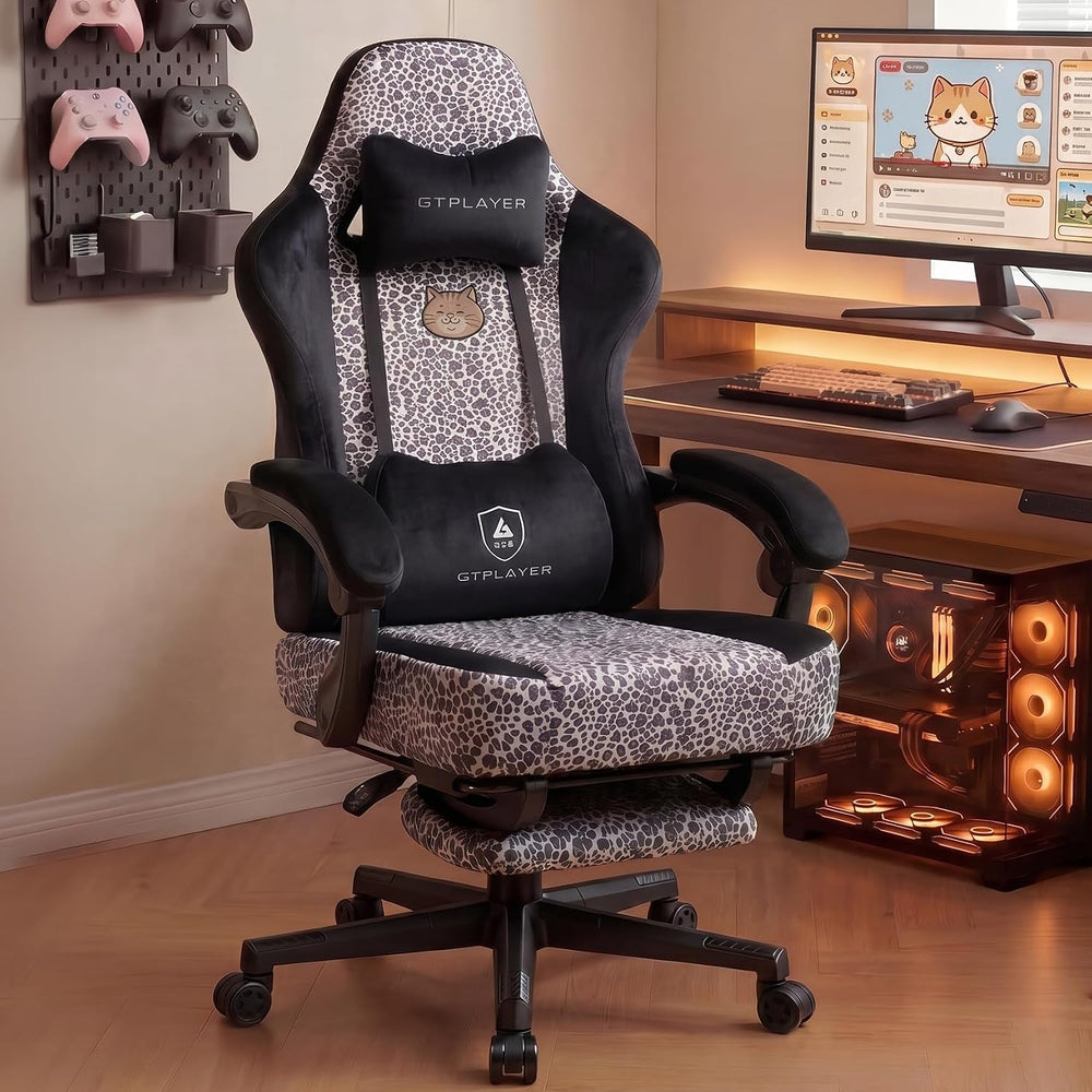 GTPLAYER Gaming Chair with Leopard Print Cat, Cute Velvet Fabric Ergonomic Of...
