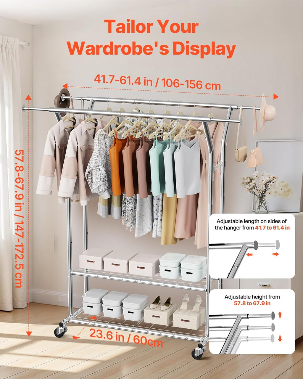 VEVOR Clothes Rack, Rolling Clothing Garment Rack, Extendable Carbon Steel Clothing Racks with Wheels for Bedroom, Laundry, Living Room