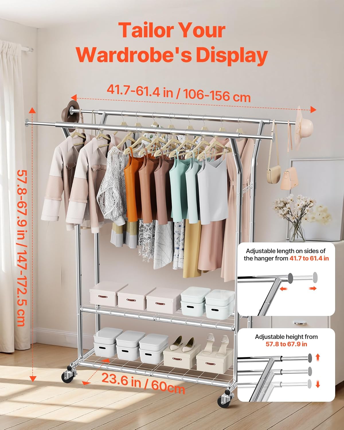 VEVOR Clothes Rack, Rolling Clothing Garment Rack, Extendable Carbon Steel Clothing Racks with Wheels for Bedroom, Laundry, Living Room