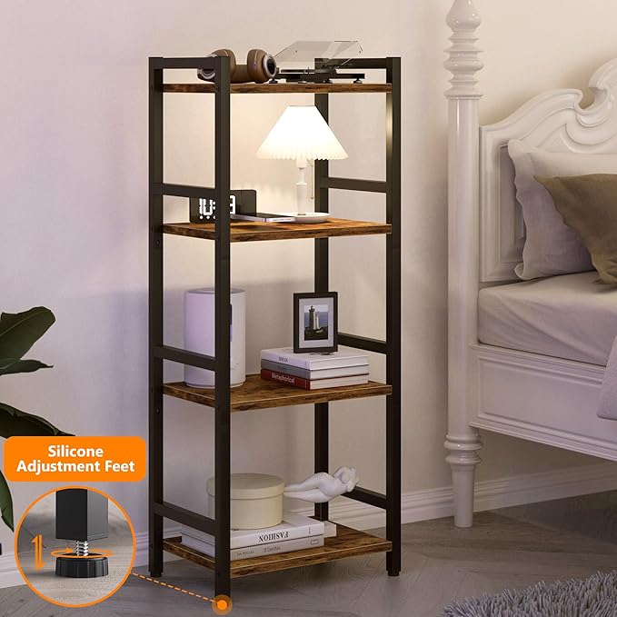 Book Shelf, 4 Tier Bookcase with Steel Frame, Stable Bookshelf Narrow Book Shelves Storage Organizer for Book CD Movie, Open Bookshelves for Living Room, Home Office, Study, Rustic Brown