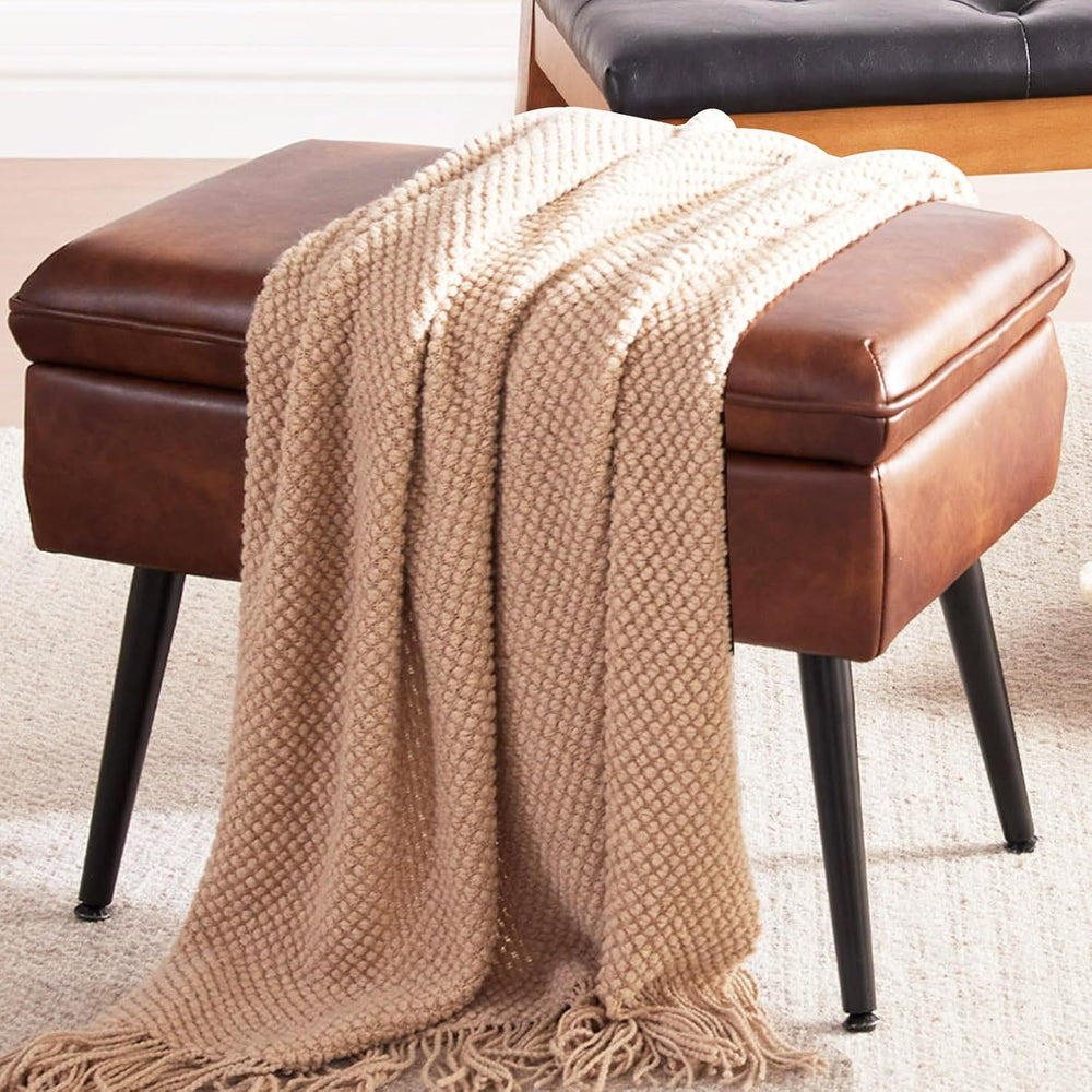 Square Storage Ottoman Upholstered Vanity Accent Stool Retro Brown | Square M...