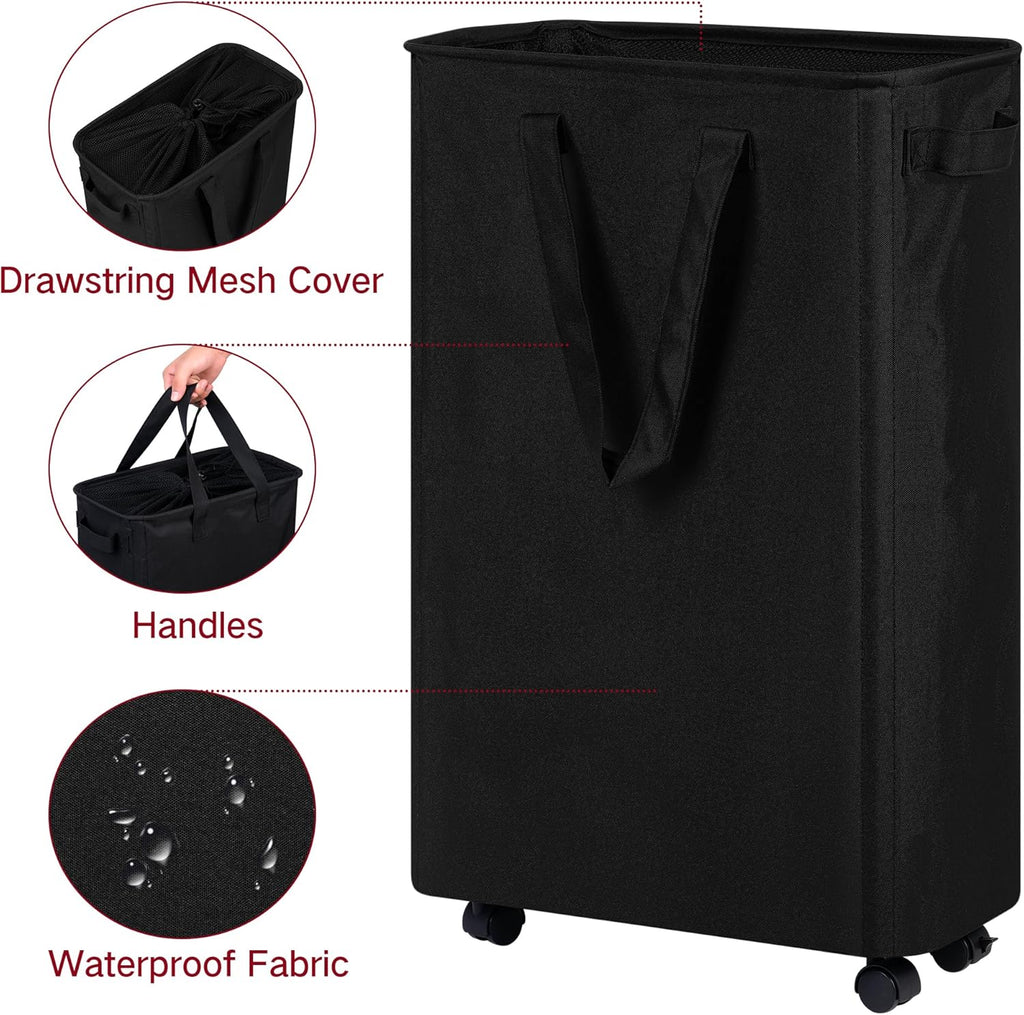 efluky Slim Laundry Hamper with Wheels, Rolling Laundry Basket for Clothes, Small Laundry Basket for Bedroom, Dorm and Laundry Room, 60L (12.7 Gallons) Black