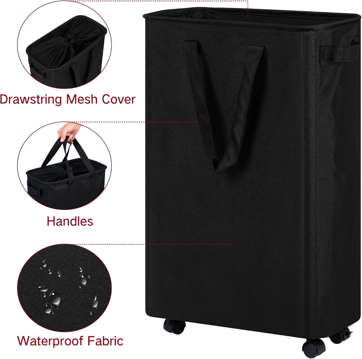 efluky Slim Laundry Hamper with Wheels, Rolling Laundry Basket for Clothes, Small Laundry Basket for Bedroom, Dorm and Laundry Room, 60L (12.7 Gallons) Black