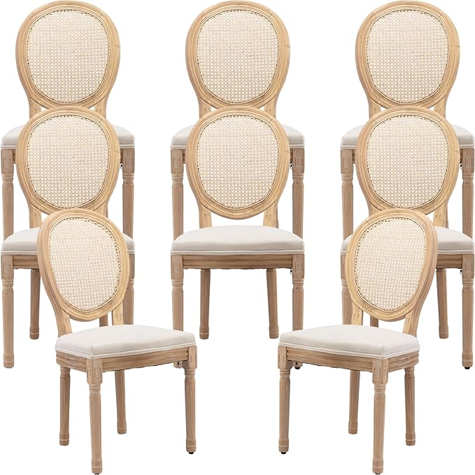 French Country Dining Chairs Set of 8, Cream Kitchen & Dining Room Chairs Set of 8, Ivory Rattan Dining Chairs, Cane Back, Wood Legs, Sillas De Comedor (Rattan, Beige, 8Pcs)