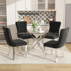 51 Inch Glass Dining Table Set for 4, 5 Piece Modern Dining Room Set, Rectangular Glass Kitchen Table with 4 Upholstered Velvet Accent Chairs, for Home, Apartment, Small Spaces - Black Silver