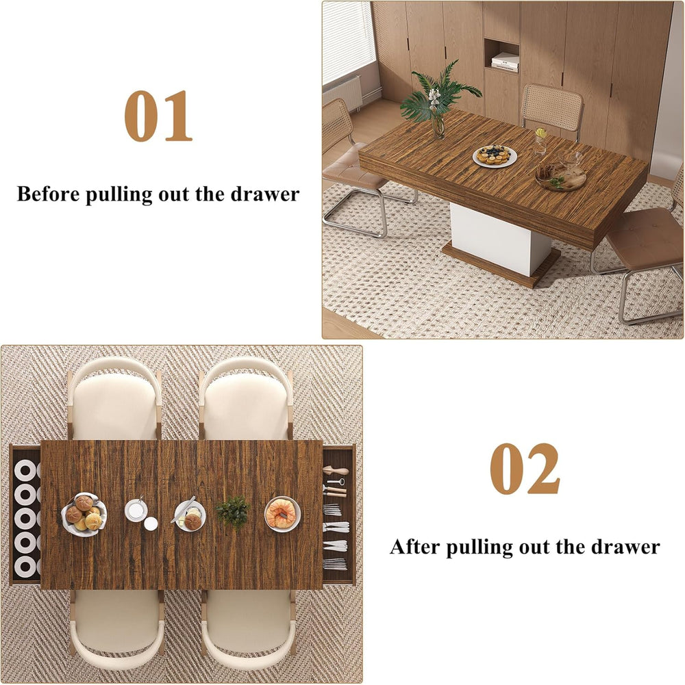 Dining Table with Drawers for 4-6 People, 55 Inches Dinner Table with Led Lig...