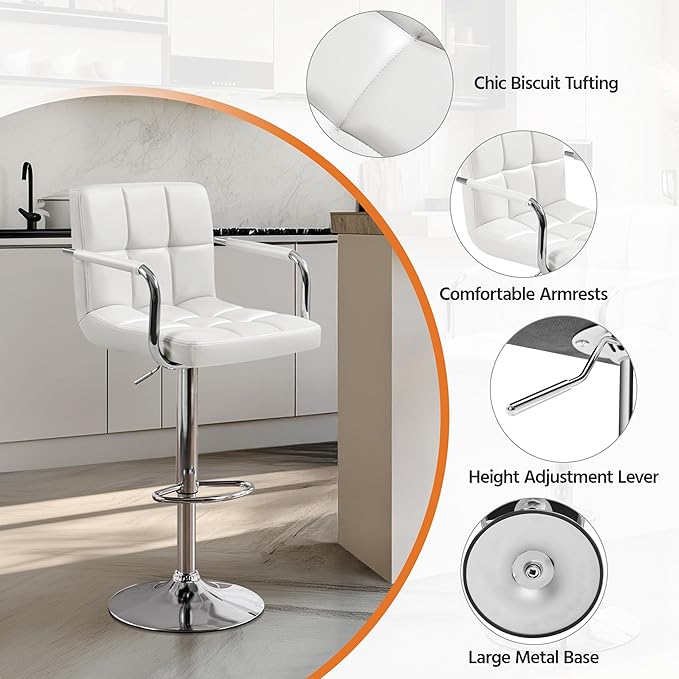 Yaheetech Bar Stools Set of 3, PU Leather Adjustable Barstools with Armrest, Counter Height Stool Chairs with Thickened Seat Cushion for Kitchen Island, White