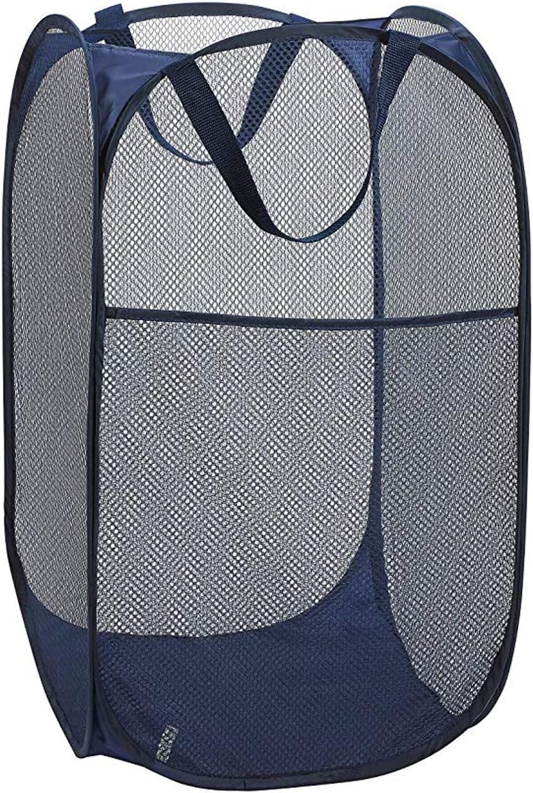 Larpur Popup Mesh Laundry Basket, Collapsible Clothes Washing Laundry Hamper with Reinforced Carry Handles, Portable Foldable Dirty Clothes Hamper for Home Dorm Cruise Travel (Blue)