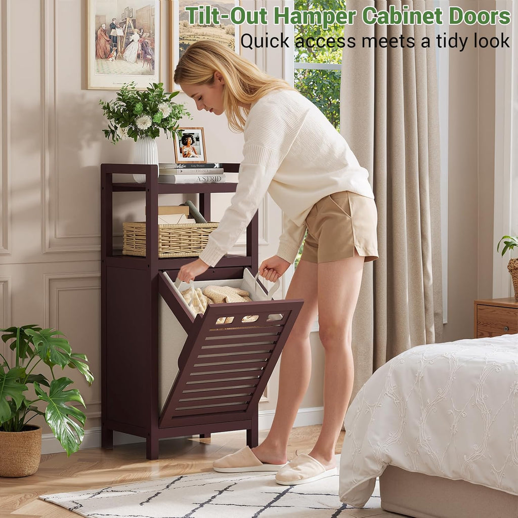 Homykic Tilt Out Laundry Hamper Cabinet, 10 Gal Bamboo Laundry Cabinet with Removable Basket, Hidden Hamper Organizer with Shelf for Dirty Clothes, Bathroom, Laundry Room, Space Saving, Espresso