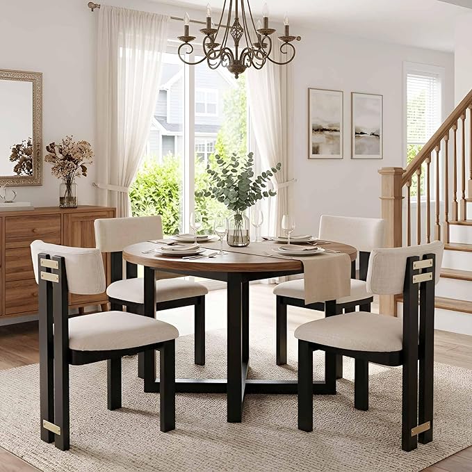 HNY Modern Farmhouse Linen Dining Chairs Set of 4, Beige Fabric Upholstered Dining Room Kitchen Chairs with Black Wood Frame & Curved-Back, Armless Accent Wood Chair for Dining Living Room