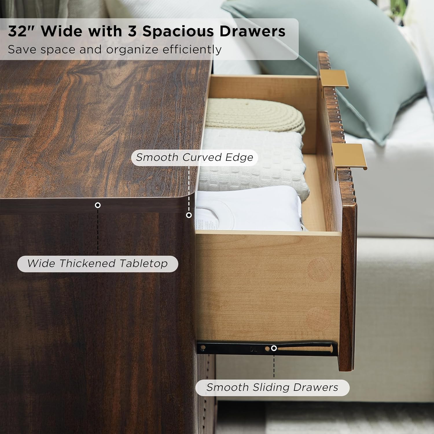 T4TREAM Fluted 3 Drawers Nightstand Set of 2, Oversized Extra Large Modern Side Table, End Table Bedside for Bedroom, Living Room, Curved Profile Design, Dark Walnut