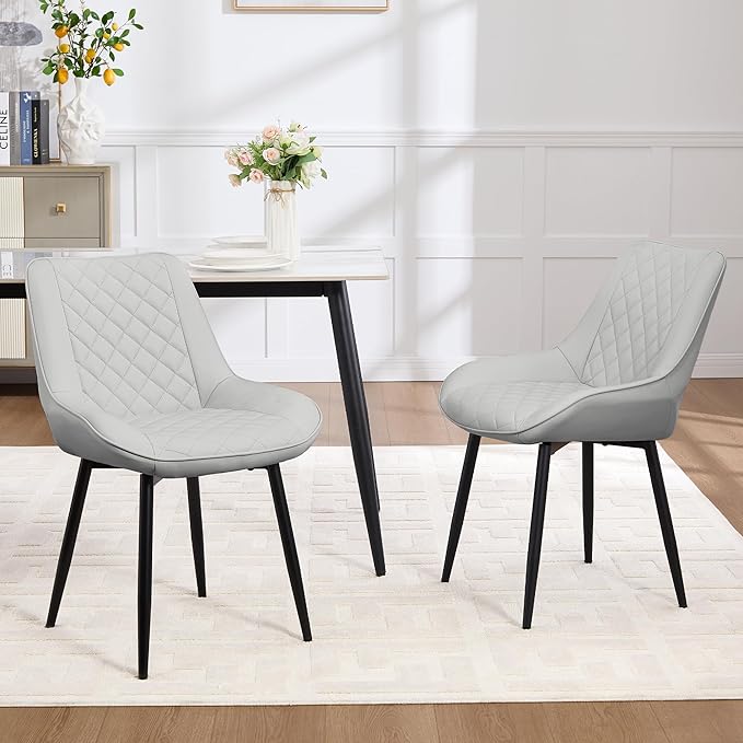 Dining Chair Set of 2, Modern Dining Chairs with Thick Cushions, Faux Leather Upholstered Kitchen Dining Room Chairs with Metal Adjustable Legs for Dining Living Room, Light Grey