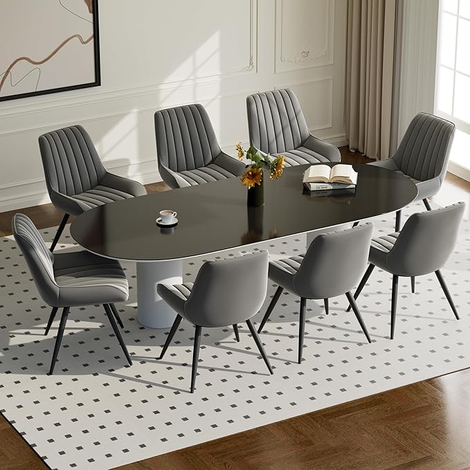 Modern Dining Chairs Set of 8,Upholstered Dining Room Chairs with Thick Cushions,Fabric Comfy Dining Chairs with Metal Legs for Dining Room Dark Grey