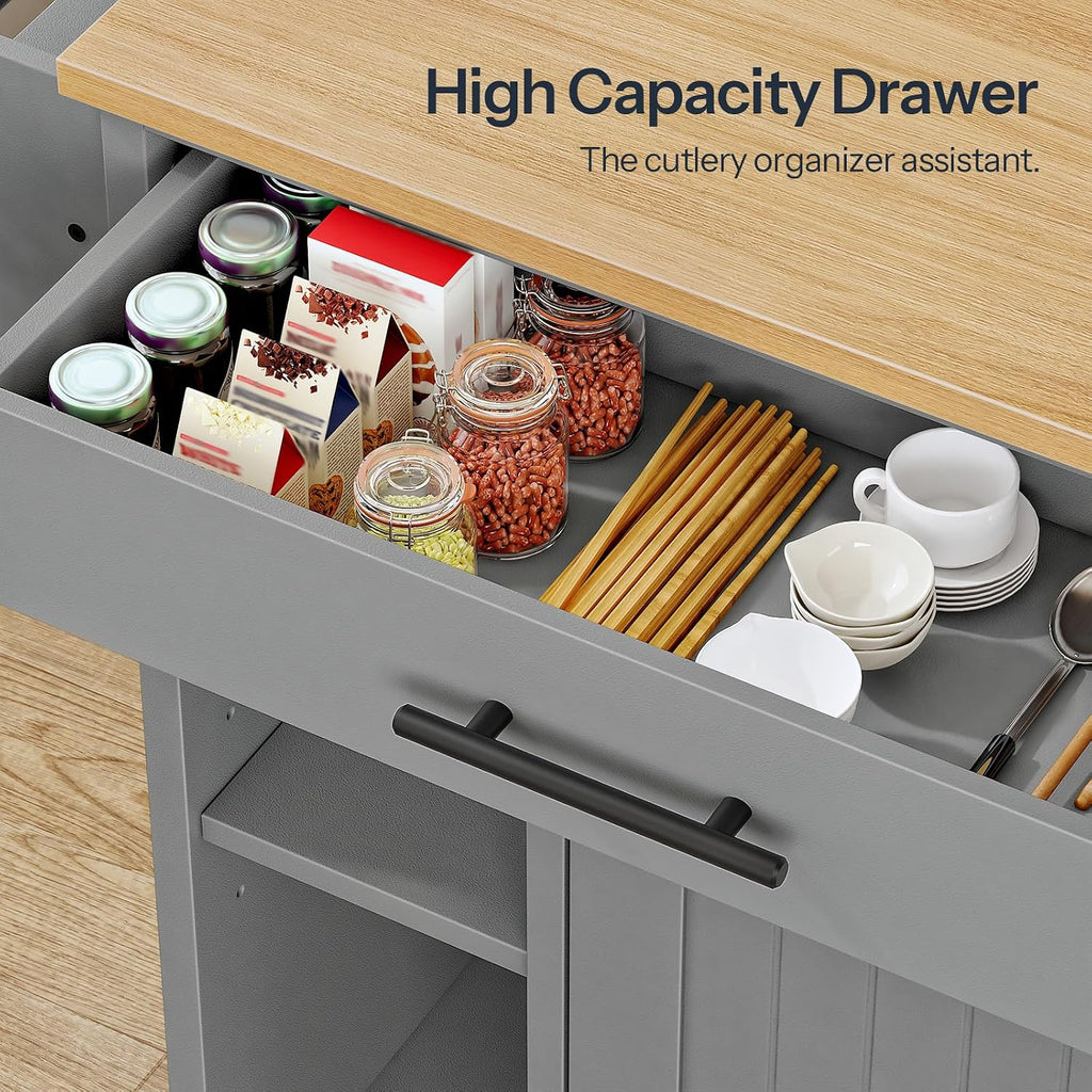 HOOBRO Kitchen Island with Trash Can Storage, Rolling Kitchen Island on Wheels, Mobile Island Cart with Power Outlet, Islands Table for 10 Gallon Garbage Bin, White and Grey GN80UZD01G1